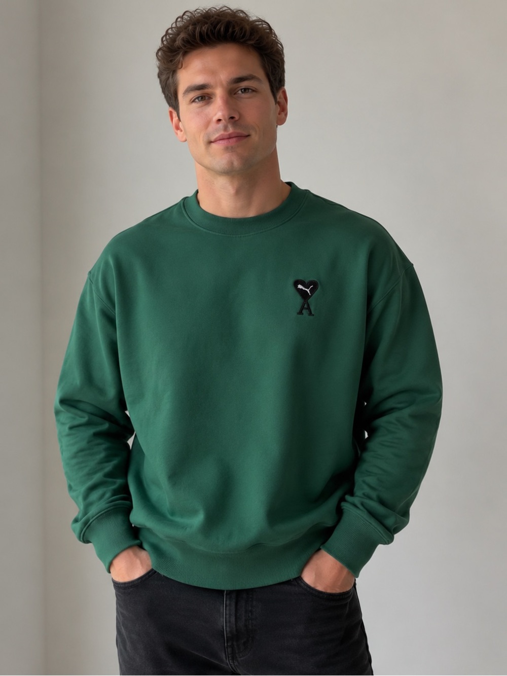 AMI Alexandre Mattiussi X Puma Black Heart Logo Knit Green Sweater Mens Large